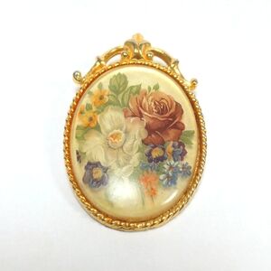 Vintage Oval Gold Toned Pendant Reverse Painted Glass Floral Flower Cottagecore